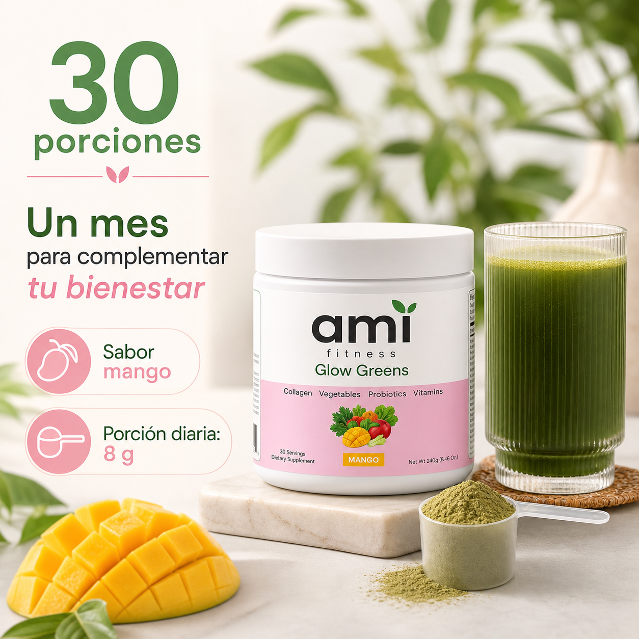 Jugo Verde Sabor Mango con Colágeno, Probióticos y Más de 30 Nutrientes