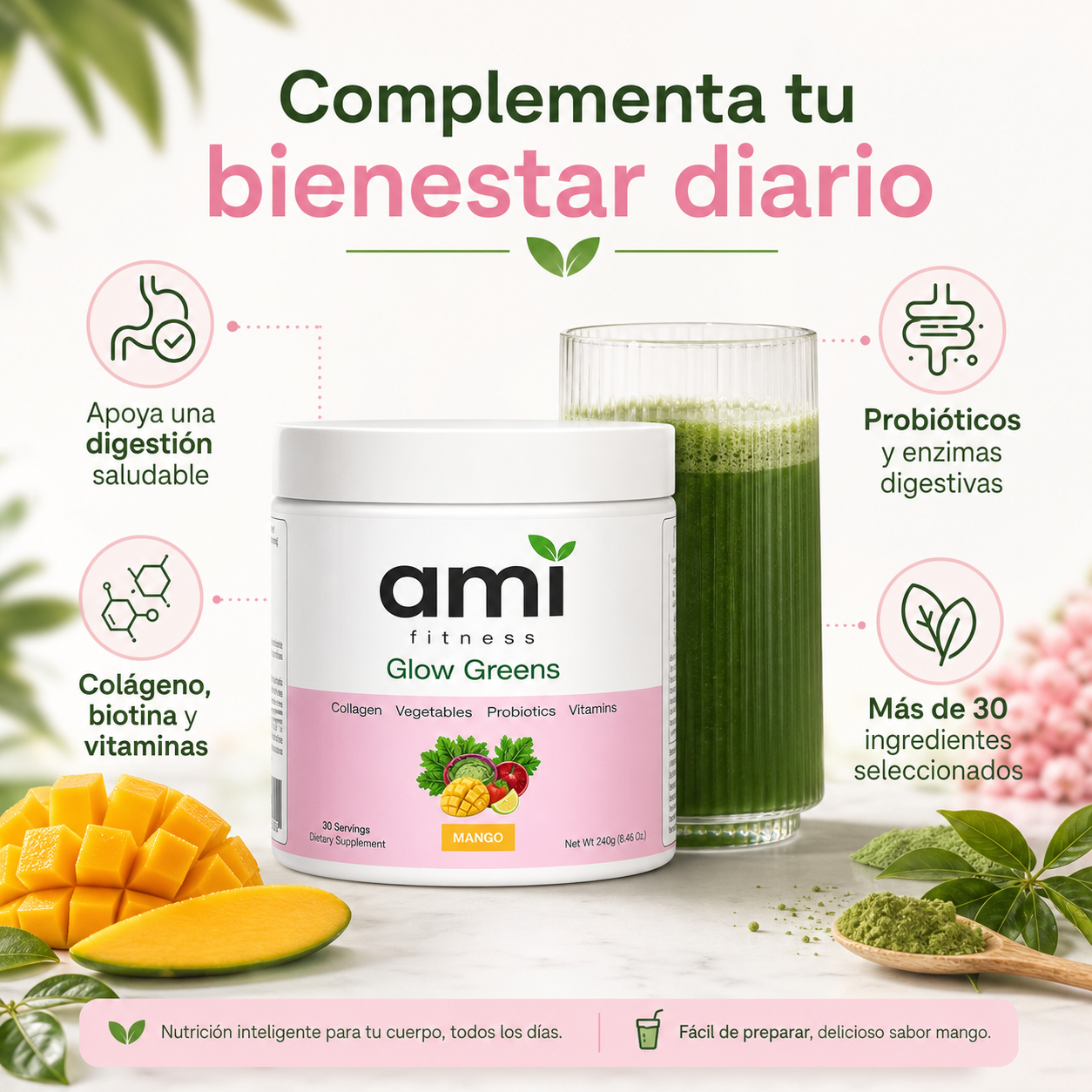 Jugo Verde Sabor Mango con Colágeno, Probióticos y Más de 30 Nutrientes